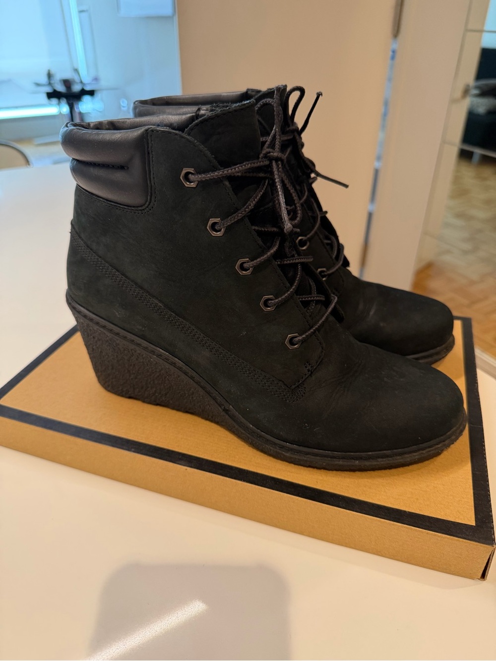 Timberland Black Lace-Up Wedge Ankle Boots